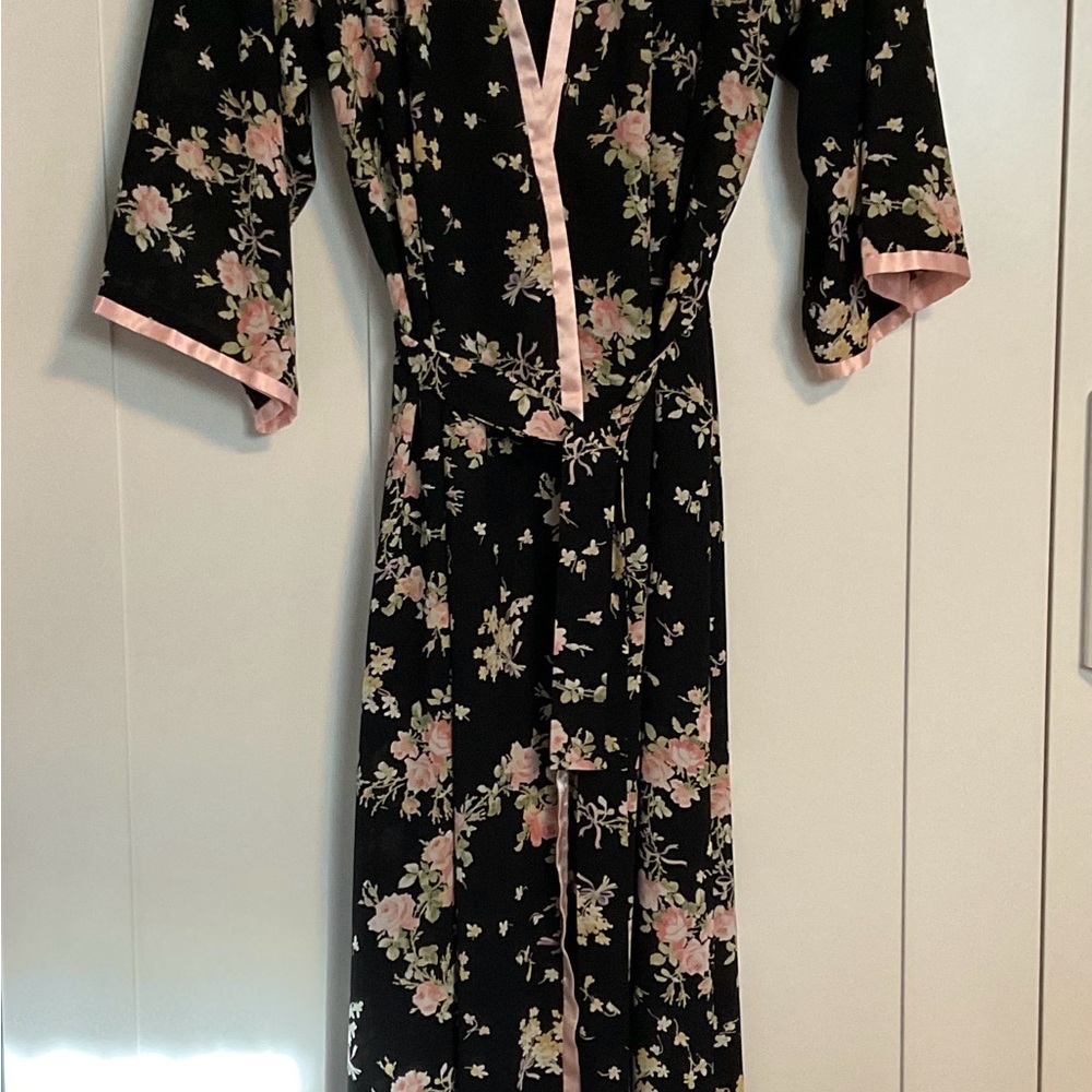 Vintage Oscar de la Renta Pink Label Floral Kimono Robe with Pink Trim L/XL